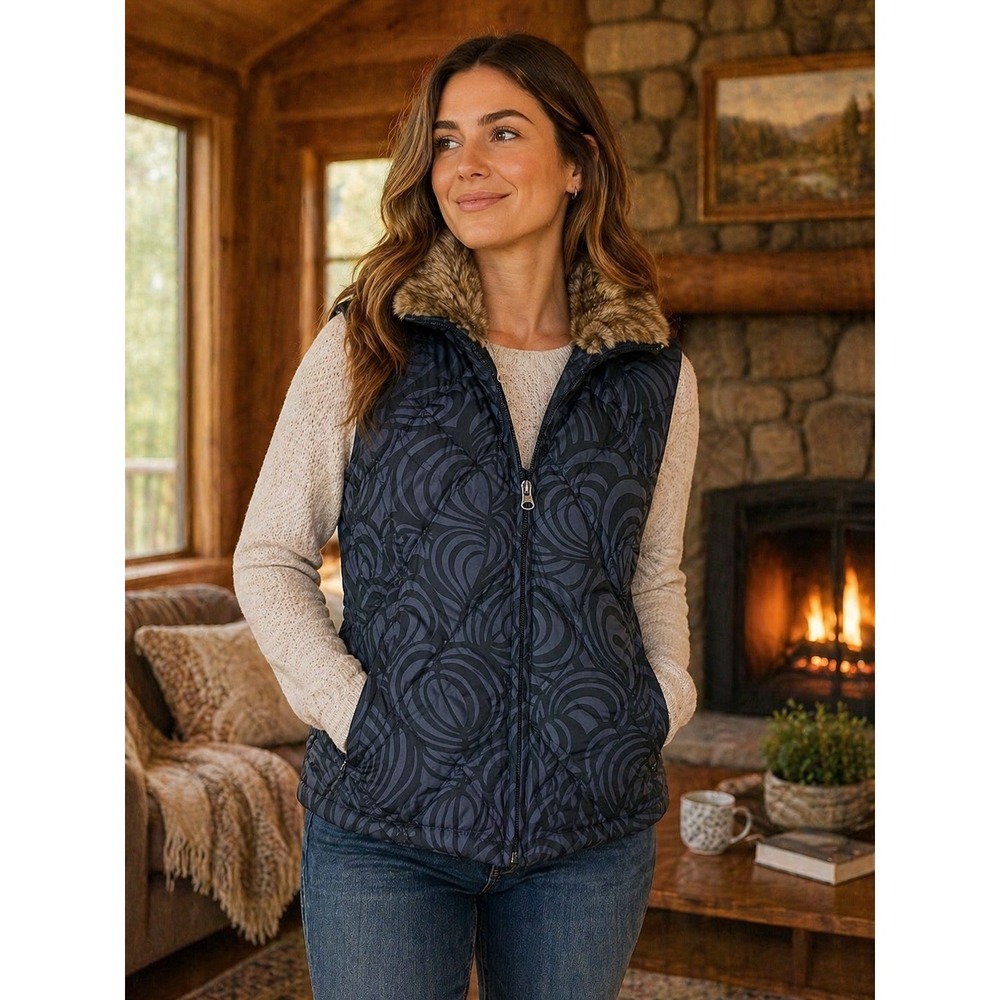 Eddie Bauer Womens Navy Swirl Quilted Goose Down Puffer Vest Faux Fur Collar L